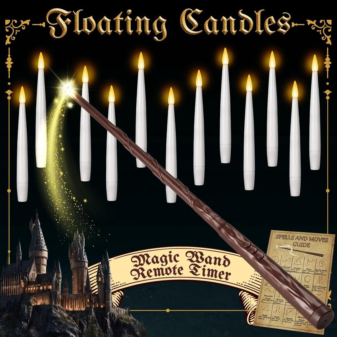 NURADA Floating Candles with Wand Remote Timer - Magic LED Hanging Flameless Taper Candles Flickering Battery Operated for Birthday Theme Party Halloween Home Window Decor - White 12 Pack