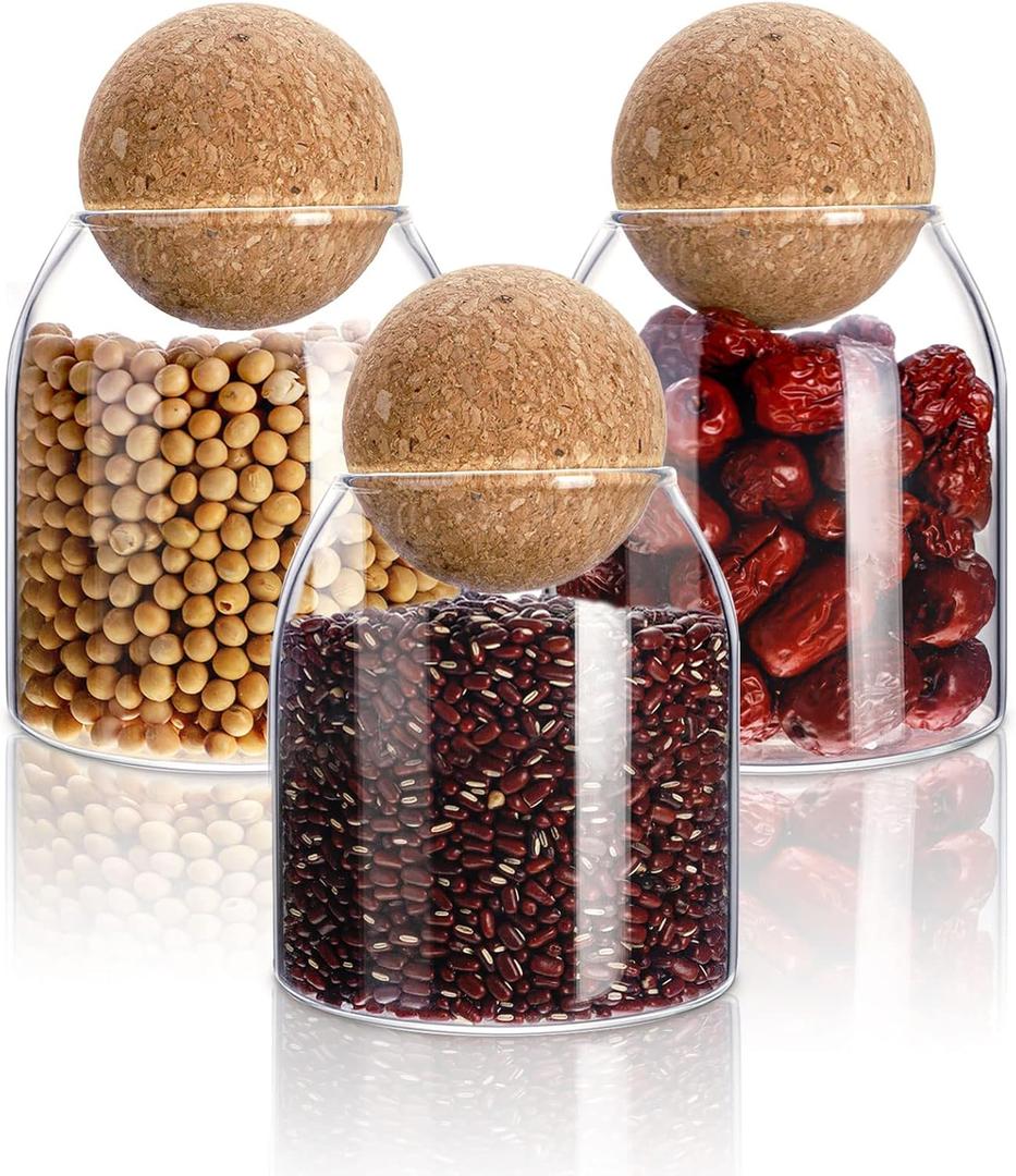 3PCS Glass Jar Storage Container with Ball Cork, 500ML/17Oz Food Storage Containers Clear Wood Cork Bottle Candy Jars Coffee Canister for Beans Nut Sugar Spices Seasonings Kitchen Organizer Christmas