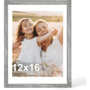 Hongkee 12x16 Picture Frame with Glass, Display Picture 11x14 with Mat or 12x16 Without Mat, 11 by 14 Photo Wooden Frames for Wall Mounting (Grey, 1 Pack)