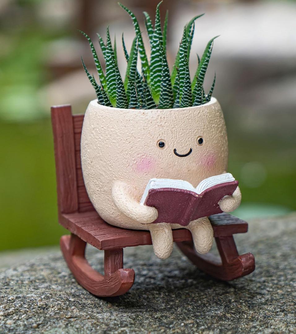 Rocking Chair Smiley Face Planter,Cute Plant Pots for Indoor Outdoor Plants,Succulent Pots with Drainage Hole,Unique Funny Flower Pot for Succulents,Plant Gifts for Mother's Day, Birthday, Christmas (Type A-khaki)