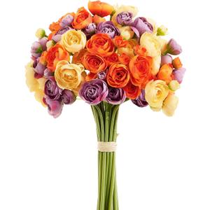 Ranunculus Artificial Flower Colorful Faux Silk Mini Ranunculus Bulk Fake Wedding Filler Flowers for DIY Bouquets, Centerpieces Arrangements 15Pcs Orange Purple Yellow