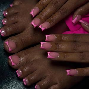 BABALAL 48Pcs Square Nails press on Short & Press on Toenails Set Glossy Glue on Pink Fake Nails French Tip Acrylic Kit Summer False Toe Nail with Design Glossy Kit