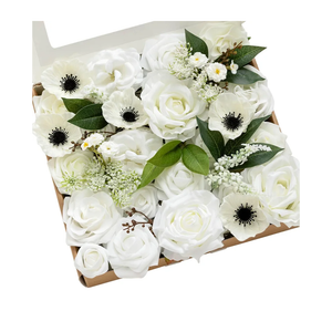 Ling's moment Fake Flowers Box, Faux Artificial Greenery Stems Foam Roses Poppy Silk Leaves Fabic Flower for Centerpieces Bouquet Wedding Vase Floral Decorations, White & Dark Green, Grand Combo