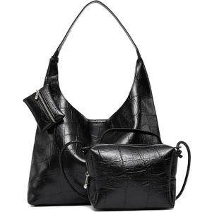 NEWBELLA Women's Hobo Shoulder Bag, Vegan Leather Wide Strap Hobo Purse, Lightweight Commute Tote Bag for Daily Work (Dark Black)