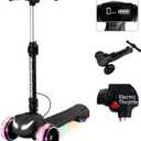 24V Electric Scooter for Kids w/150W Powerful Motor, Thumb Throttle, LCD Screen, Bluetooth, Light-Up Stem Deck & Wheels, 3 Adjustable Heights, 5MPH Safe Speed, 3 Wheel Electric Scooter for Kids (Black)