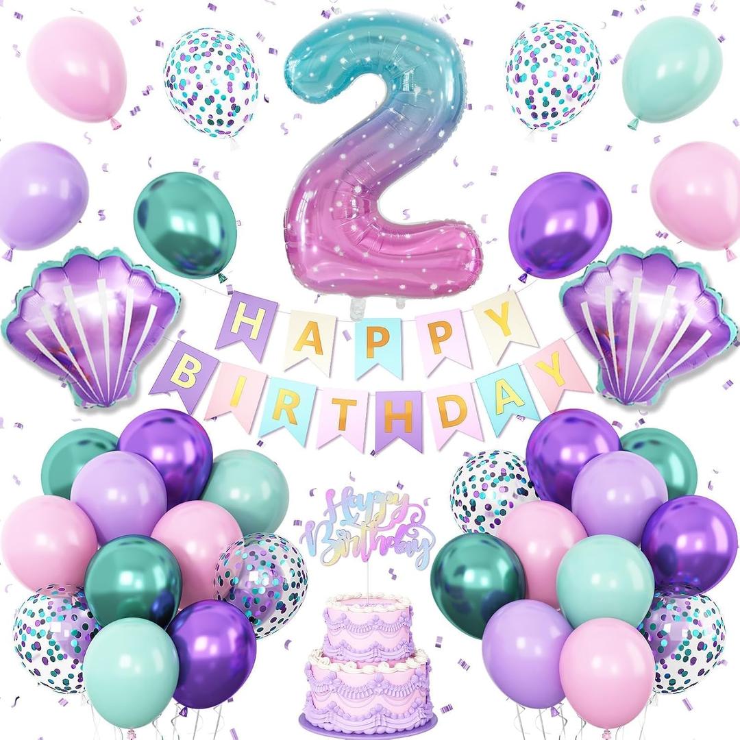 2nd Mermaid Birthday Decorations for Girls,2nd Party Decorations Metallic Purple Green Pink Blue Latex Balloons Number 2 Seashell Foil Balloons Banner Cake Topper Sea Party Decor