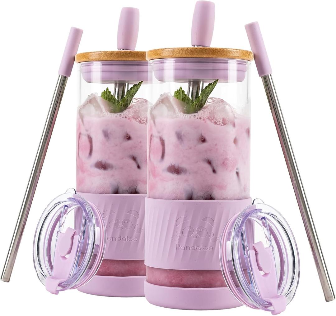 Pandaloo Glass Cups With Lids and Straws -20 Fl Oz- Perfect Size Iced Coffee Cup - Smoothie Cup With Bamboo Lid and On the go Lid - Glass Tumbler (2 Count (Pack of 1), Lilac Rhapsody-Lilac Rhapsody)