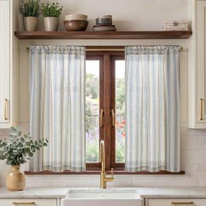 jinchan Striped Linen Kitchen Curtains 45 Inch Cafe Tier Curtains Balanced Stripe Farmhouse Small Drapes for Bathroom Laundry Over Sink Half Window Light Filtering 2 Panels Blue on Linen