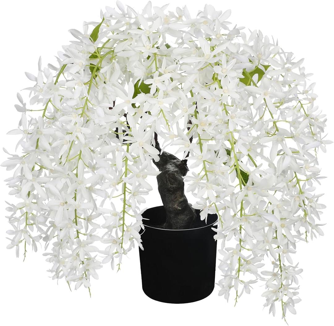 Artificial White Flower Tree 13.8" Tall with Silk Wisteria Flower and Realistic Wood Fake Bonsai Tree Plants Zen Garden Faux Plants for Spring Home Bedroom Office Bathroom Centerpiece Decor