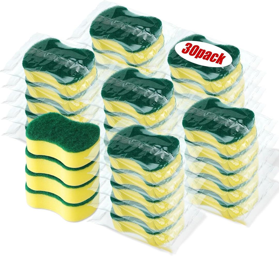 Tanlade 30 Pcs Individually Wrapped Sponges Kitchen Bulk Non Scratch Scouring Sponges for Dishes Household Cleaning Travel Apartments Hotel Car (Yellow Green)
