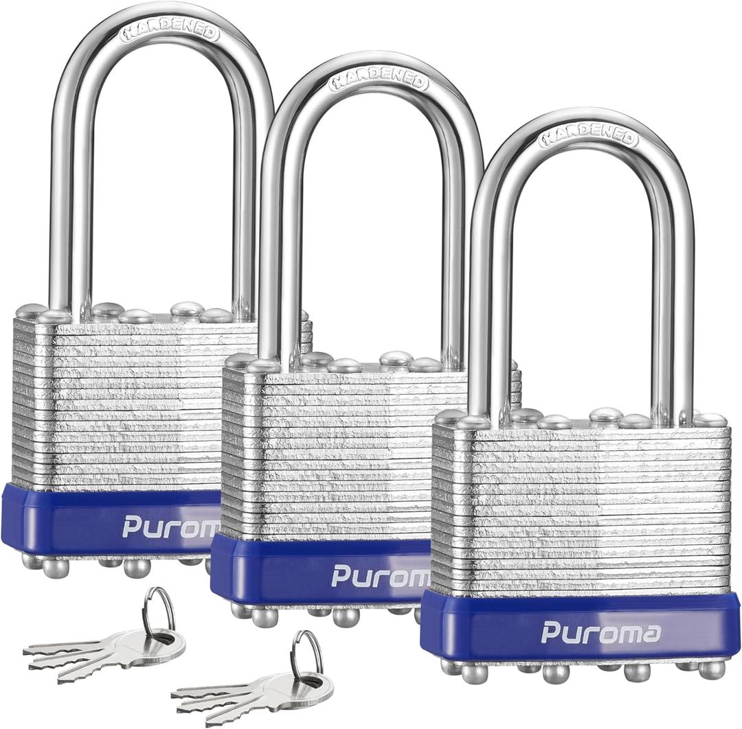 Puroma Lock 3 Pack Padlocks, 1-1/2 Long Shackle Heavy-Duty Locks with 6 Keys, 40mm Hardened Steel Keyed Alike Padlocks for Sheds, Gates, Fences, Toolbox, Outdoor and Indoor UseSilver