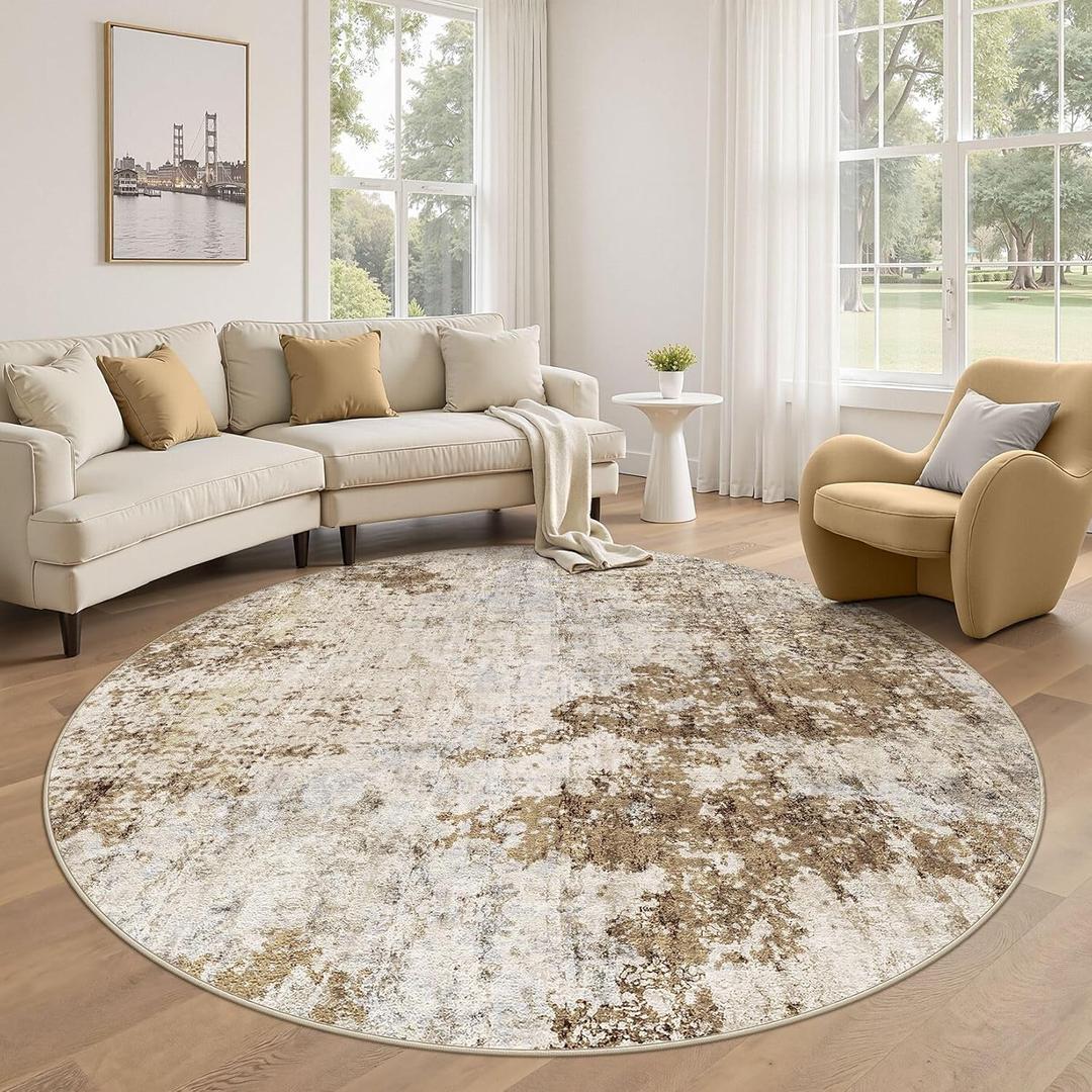 6ft Round Area Rug Living Room Rugs - 6x6 Washable Large Soft Indoor Neutral Modern Abstract Low Pile Rug Carpet for Bedroom Dining Room Farmhouse Home Office - Light Brown