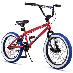 Vollsch Freestyle BMX Bikes 18 Inch Kids Bicycle for 6-12 Years Old Teens, Boys, Girls, Beginner-Lever Riders, Red with Blue Tires, Without Pegs