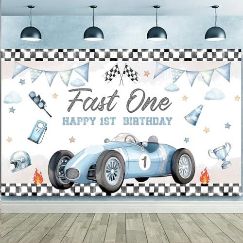 Racing Cars Happy Birthday Decorations Backdrop Banner, Race Car Fast Birthday Party Decorations Photo Watercolor Backdrop for Birthday Party Supplies Boys Children Celebration, 70.8X 43Inch (ONE)