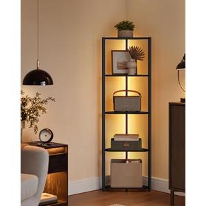 VASAGLE Corner Shelf Stand with LED Lights, 5-Tier Corner Bookshelf, Storage Shelf with Steel Frame, 9.8 x 18.9 x 57.7 Inches, for Living Room, Bedroom, Study, Ebony Black ULBC590B01