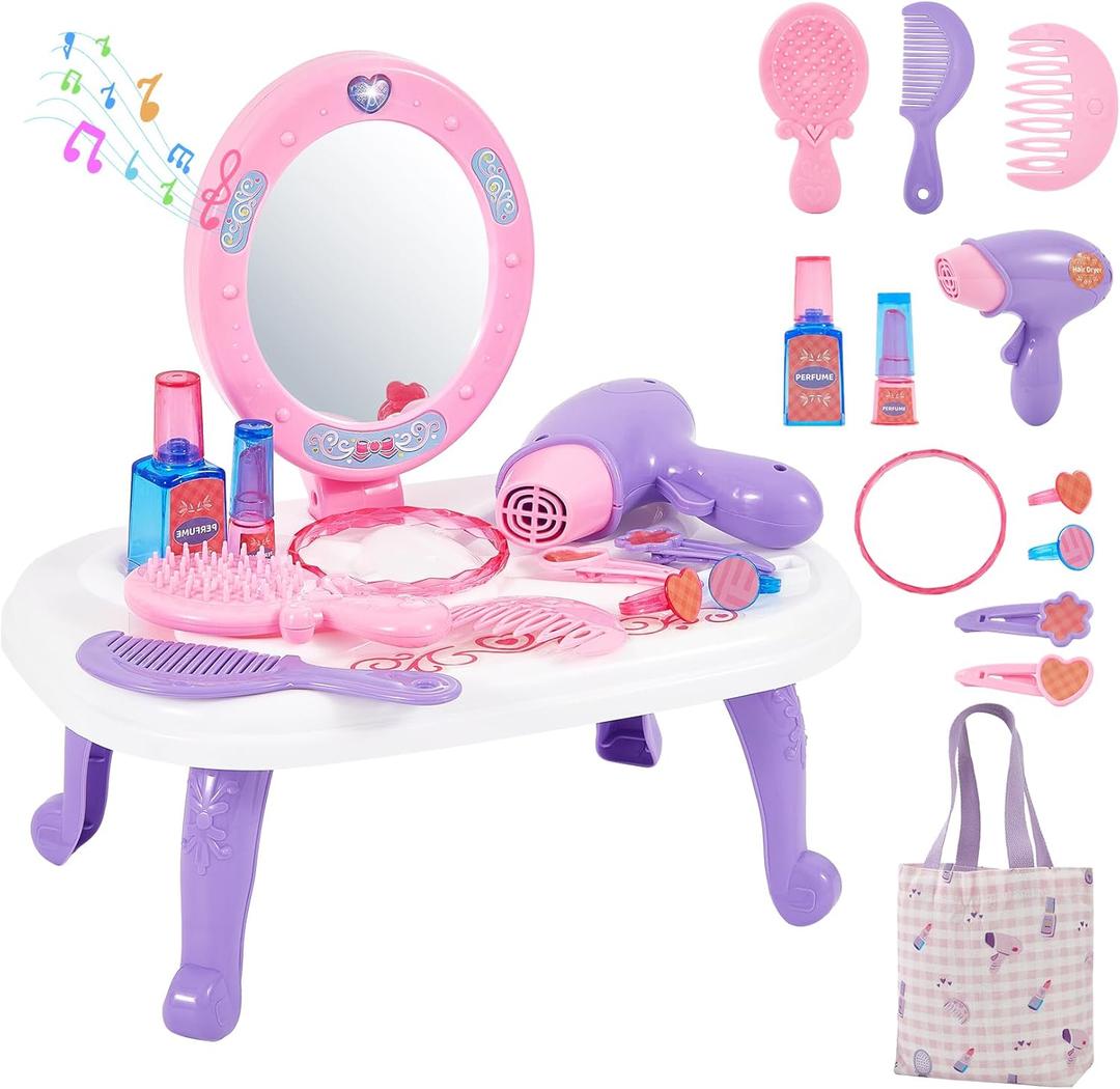 Toddler Vanity Makeup Table Toy for Girls with Mirror Lights & Music, Pretend Play Beauty Salon Set with Hair Dryer, Comb & Accessories, Princess Vanity Playset Birthday Gifts for 2-6 Year Old Girls