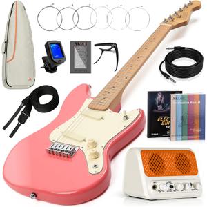 AKLOT Mini Kids Electric Guitar: 3/4 Size Guitar Kit for Beginners, 1.5in Narrow Neck for Small Hands, Easy to Play, Age 6-12, 36", 10W Amp, Gig Bag, Strap, Cable, Picks & Lesson Book (Pink)