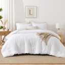 AveLom Seersucker White Comforter Set Full, 3 Pieces- 100% Soft Washed Microfiber Lightweight Comforter with 2 Pillowcases, All Season Down Alternative Bedding Set (80x90 inches)
