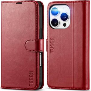 TUCCH Case Wallet for iPhone 16 Pro, RFID Blocking PU Leather Kickstand Folio Cover with 4 Card Slots [TPU Protective Interior Shell], Magnetic Flip Case Compatible with iPhone 16 Pro, Dark Red