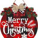 Kiddale Wooden Christmas Welcome Sign, Rustic Farmhouse Door Decor with Bow and Greenery, Colorful, 12.59 Inch Round, Front Door Wall Window Hanging