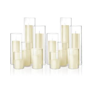 Shihanee Set of 12 Pillar Candles and Glass Cylinder Vases 6 Sizes Clear Tall Cylinder Holders for Pillar Candles Home Table Centerpieces Decoration (Multiple Sizes, Ivory)