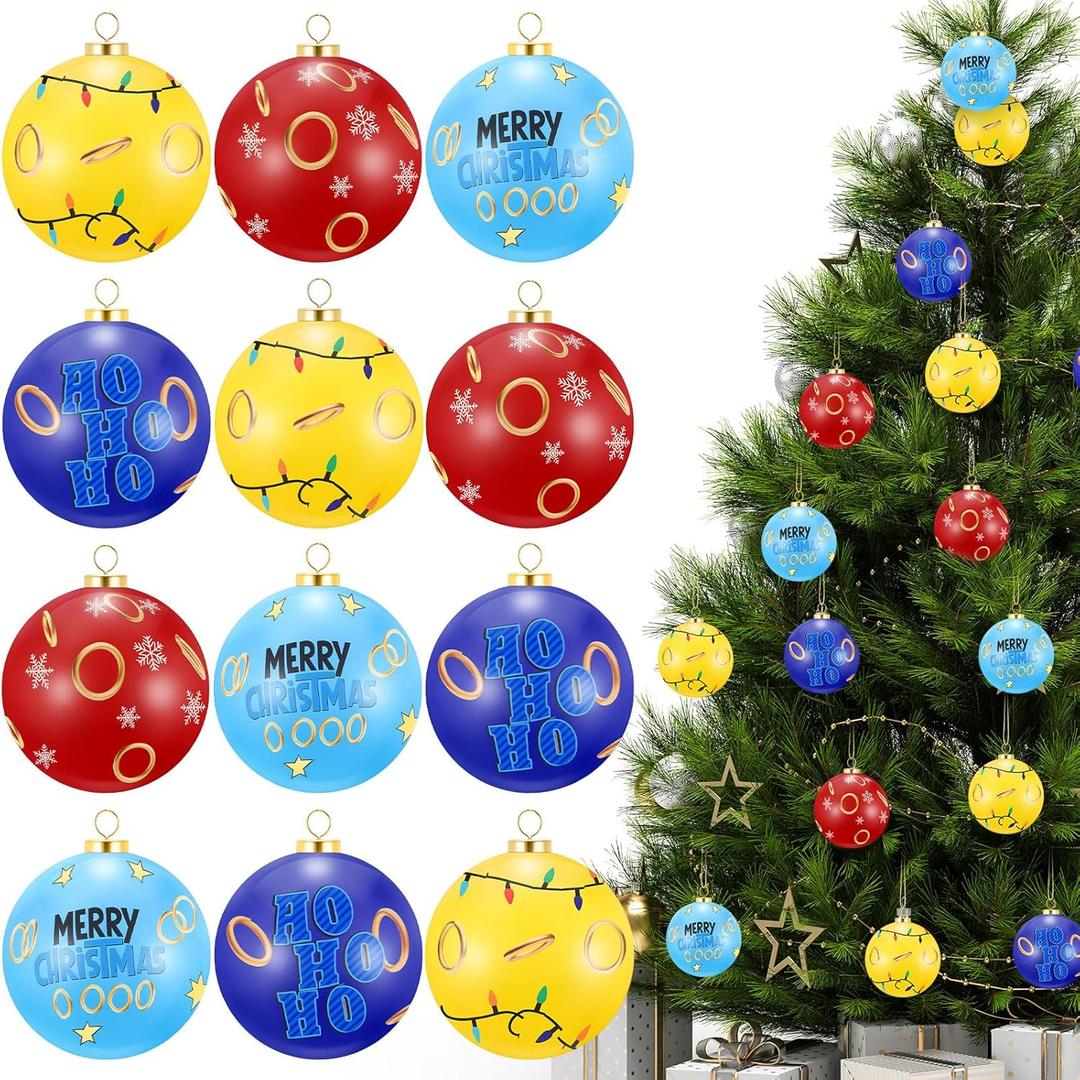 Thyle Christmas Ball Ornaments Cartoon Tree Hanging Ornaments 2.4" Theme Foam Christmas Winter Balls Decoration Cute for Adults for Holiday Xmas Trees Home Decor(12 Pcs,Blue and Gold Ring)