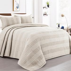128x120 Seersucker Patchwork Oversized King Quilt Set, Lightweight Plaid Bedspread Coverlet Set, All Season Bohemian Home Bedding Decor with 2 Pillow Shams, Beige