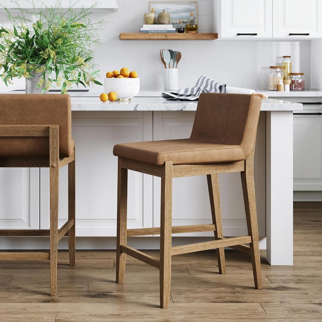 Nathan James Gracie Modern Counter Height Bar Stool with Back, Counter Stool Upholstered Chair with PU Leather and Brushed Wooden Legs, Light Brown, Counter Height - Single