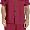 SIORO Mens Pajamas Set Short Sleeve Sleepwear Button Down Pjs Set Waffle Knit Loungewear Nightwear Shorts Set with Pockets (Medium, Red)