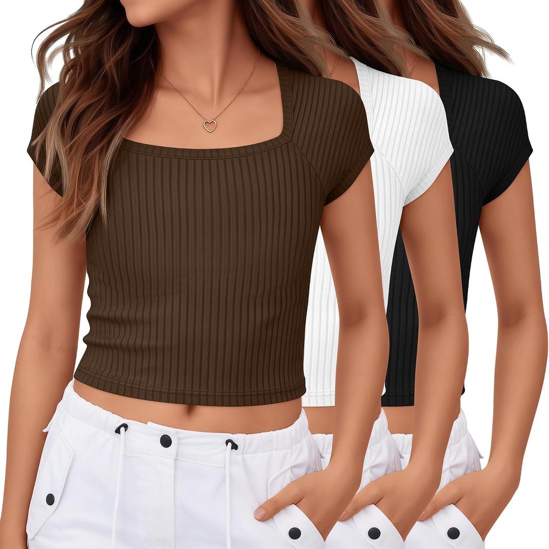 3 Pack Girls Ribbed Crop Tops | 5-14Y, Knit, Square Neck, Short Sleeve, Kids, Breathable, Summer, Lightweight, Stretchy, Comfortable, School, Daily Wear