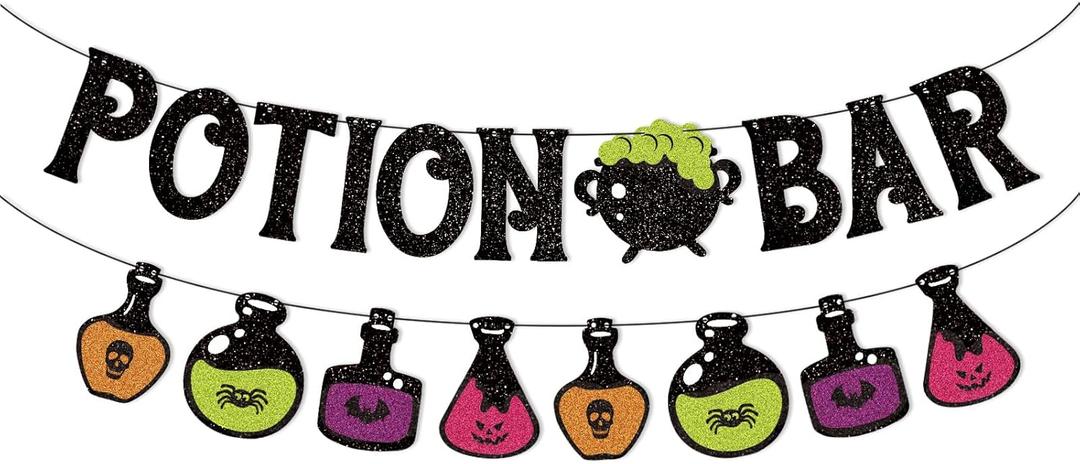 Potion Bar Banner Halloween Poison Bat Horrible Witches Haunted House Theme for Men Women Halloween Festival Holiday Party Purple Glitter Decorations (Potion Bar) Potion Bar Banner Halloween Poison Bat Horrible Witches Haunted House Theme for Men Women Halloween Festival Holiday Party Purple Glitter Decorations (Potion Bar)