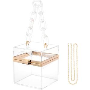 WJCD Cute Clear Acrylic Plastic Neon Hard Frame Party Clutch Purse with Gold Chain Strap (Transparent)