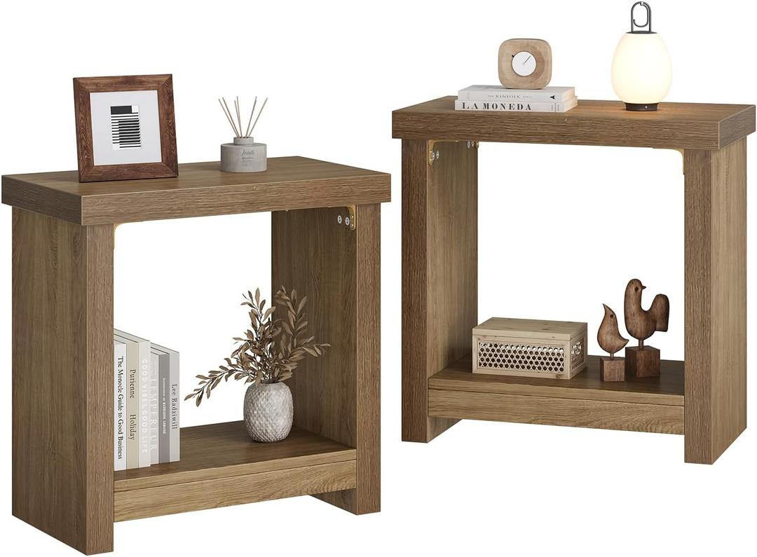 End Tables Set of 2 for Living Room, Narrow Side Tables with Storage Shelves, Square End Table for Bedroom, Slim Nightstand, Skinny Rectangle Accent Table, Farmhouse Bedside Table, Brown (2 Pieces), 23.62 x 11.81 x 23.62 inches