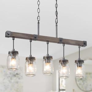 LOG BARN Farmhouse Chandeliers for Dining Room, 5 Light Mason Jar Kitchen Island Lighting, Rustic Faux Wood Island Lights for Kitchen