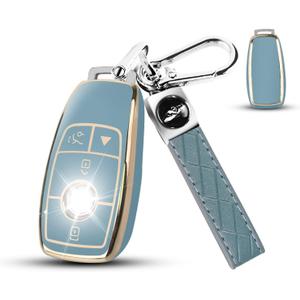 QBUC for Mercedes Benz Key fob Cover, TPU Car Key Case Protector with leather Keychain Compatible with Mercedes-Benz 2017-2021 E-Class S-Class 2019-2023 A-Class C-Class G-Class,Blue