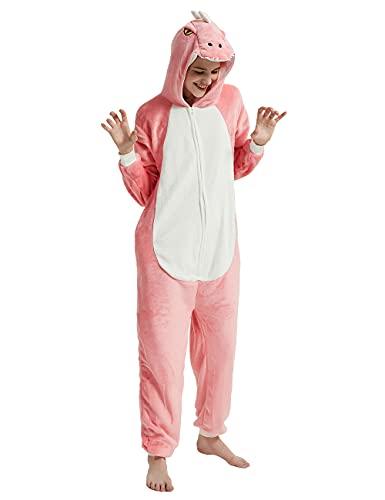 CALANTA Dinosaur Onesie Unisex Adult T-Rex Dragon Animal Costume Women Plush Pajamas One Piece Cosplay Halloween Christmas.Pink.M