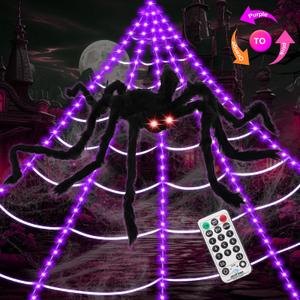 Upgrade 3 Colors Purple/Orange/Pink/Spiders Web Lights,with Single Color Always ON,11 Modes 16.4Ft 200 LED Super Bright Halloween Decorations Lights with Remote Control,49'' Giant Glowing Spider