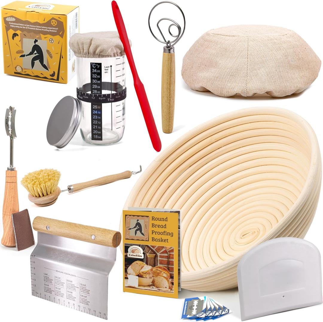 Sourdough Bread Baking Supplies Starter Kit, Banneton Proofing Basket 9'' Round, Sourdough Starter Jar, Scraper, Scoring Lame, Brush, Short Danish Whisk, Gift Set (Round 9" + Sourdough Jar)