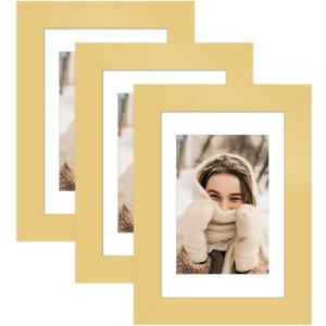 YESKAY 4x6 Picture Frame 3 Pack,Gold Wooden Frame with Tempered Glass,Display Pictures 3.5x5 with Mat or 4 x 6 Without Mat,4 by 6 Photo Frame for Wall or Tabletop