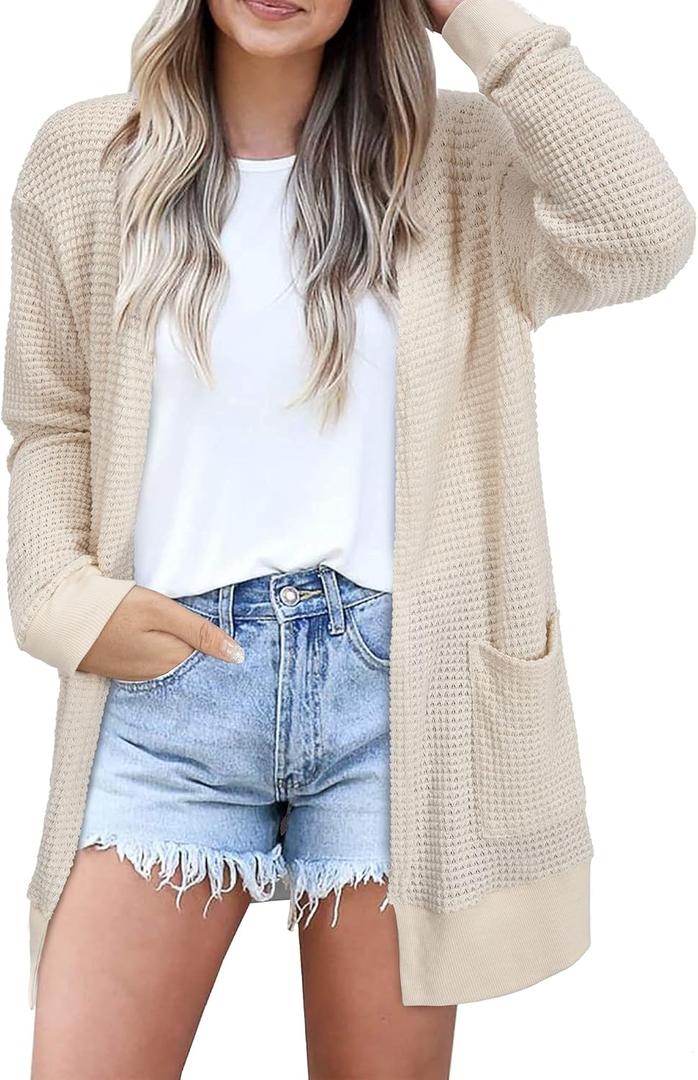 STYLEWORD Women's Fashion Cardigan Sweater Lightweight Open Front Long Casual Beach Kimonos Outfits with Pockets (X-Large, Apricot)