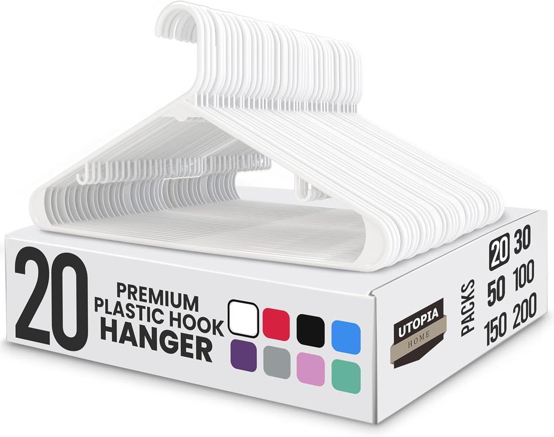 Utopia Home Plastic Hangers 20 Pack - Space Saving Clothes Hanger - Durable & Strong Closet Organizers and Storage with Built-in Strap Hooks - Essential for Shirts, Pants, Skirts & Coats (White)
