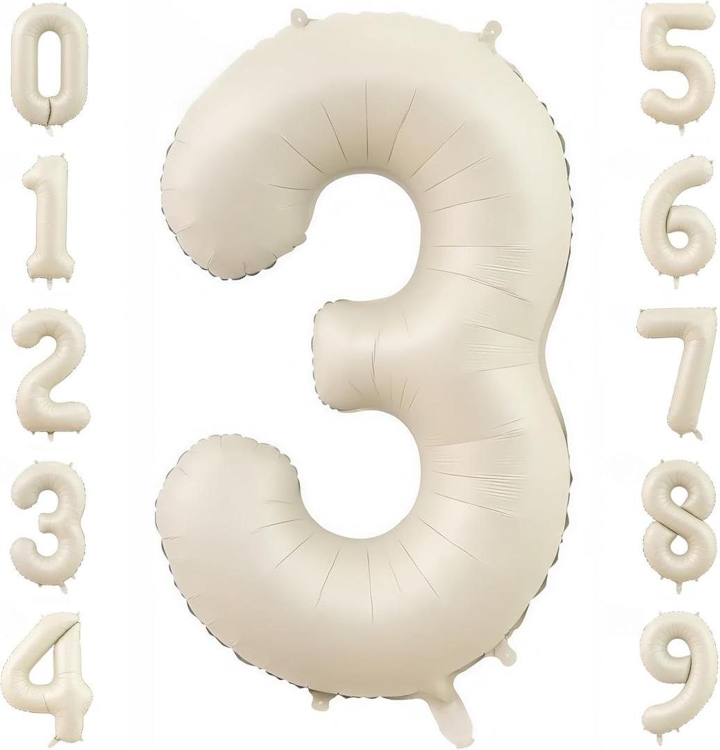 Cream Number 3 Balloons,40 Inch 3 Balloons Giant Helium Foil Mylar Beige 3 Balloon Number for Birthday Party Anniversary Decorations