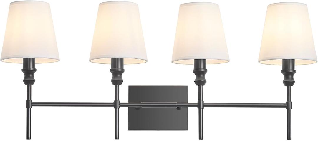 Black Bathroom Vanity Light 4 Light32.3In Vintage Bathroom Light Fixtures Over Mirror,Hardwired Vanity Wall Sconce with Flared White Fabric Lampshade for Bedroom,Living Room,Foyer,E12 Base