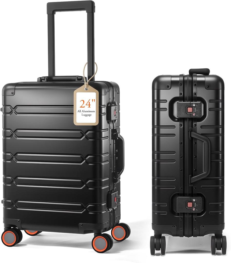 UrbanExplorer All Aluminum 24 Inch Check In Luggage Hard Shell Suitcases with Spinner Wheels and TSA Lock, Large Zipperless Luggage for Travel, Black