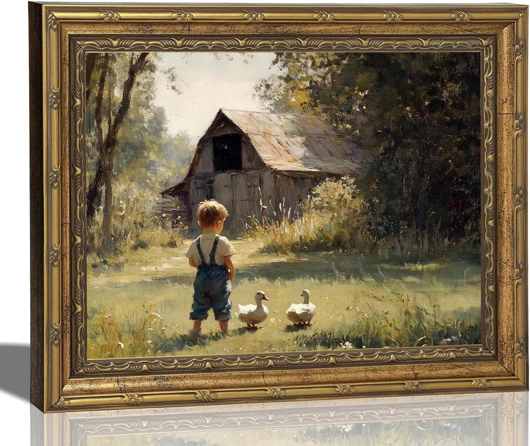 Tertiosh Gold Frame Vintage Country Canvas Wall Art Boy Duckling Barn Wall Decor Picture Rural Farm Painting Print Artwork for Retro Farmhouse Home Children's Room Decoration 9x11in (11L"x9W")