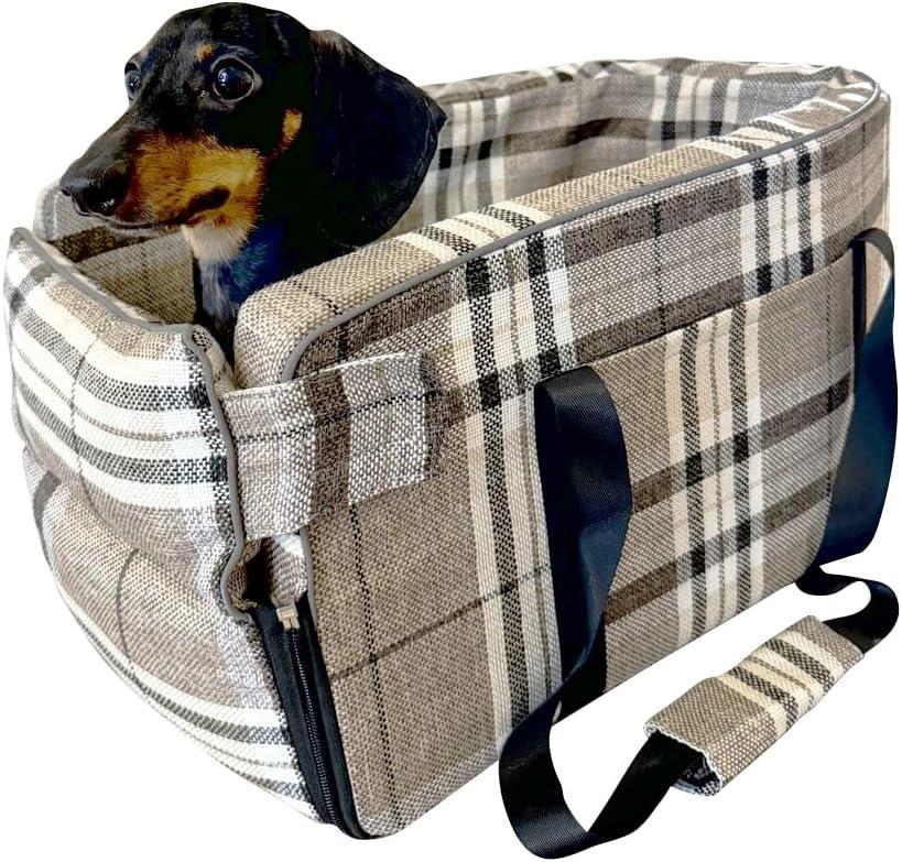Kumdita' Center Console Dog Car Seat & Carrier for Small Dogs & Cats  Portable Booster with Sewn-in Leash, Machine Washable, Fits Most Vehicles (Classic Beige Check) (Medium)