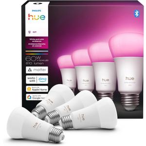 Philips Hue Smart LED A19 Bulb 4-Pack, White Color Ambiance, E26 Base, 7.2W, Full Spectrum Light 1000K-20000K, 810 Lumens, Dimmable, Works with Alexa, Google,& Apple Home