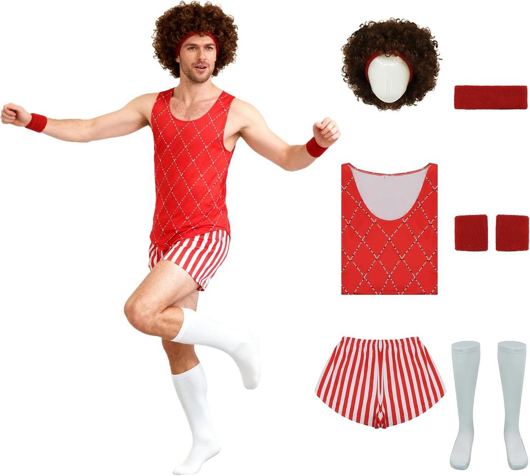 Mens Richard Simmons Costume 80s Fitness Instructor Workout Outfit Womens Afro Wig Halloween Party Dress Up Sets 2XL