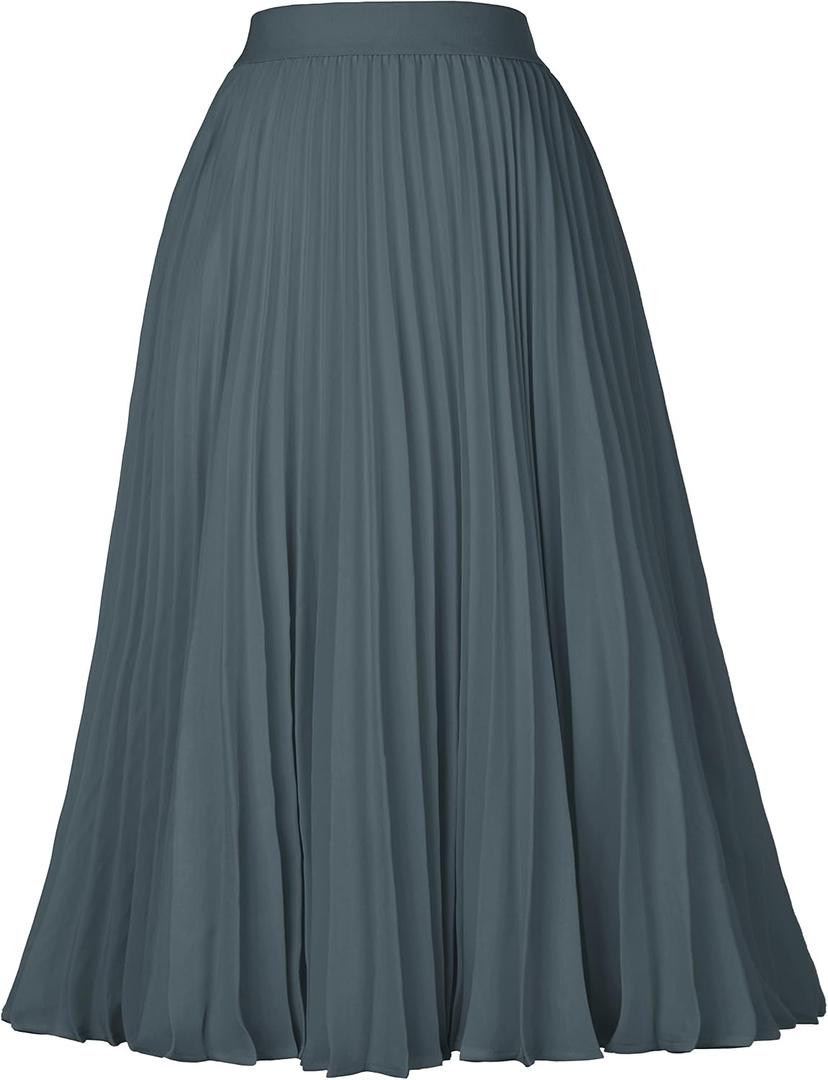GRACE KARIN Pleated Midi Skirt for Women,Chiffon Elastic High Waist Knee Length Skirts,Swing Flare A-Line Outfits (M)