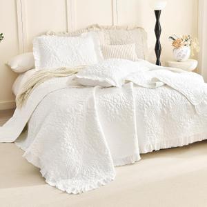Lady Ann Cream White Oversized King Quilt Set, Stone-Washed Ruffle Oversized King Bedspreads 120x120 for Bed, Lightweight 3 PCS Shabby Quilted Crinkled Coverlet Farmhouse Rustic Bedding Set All Season